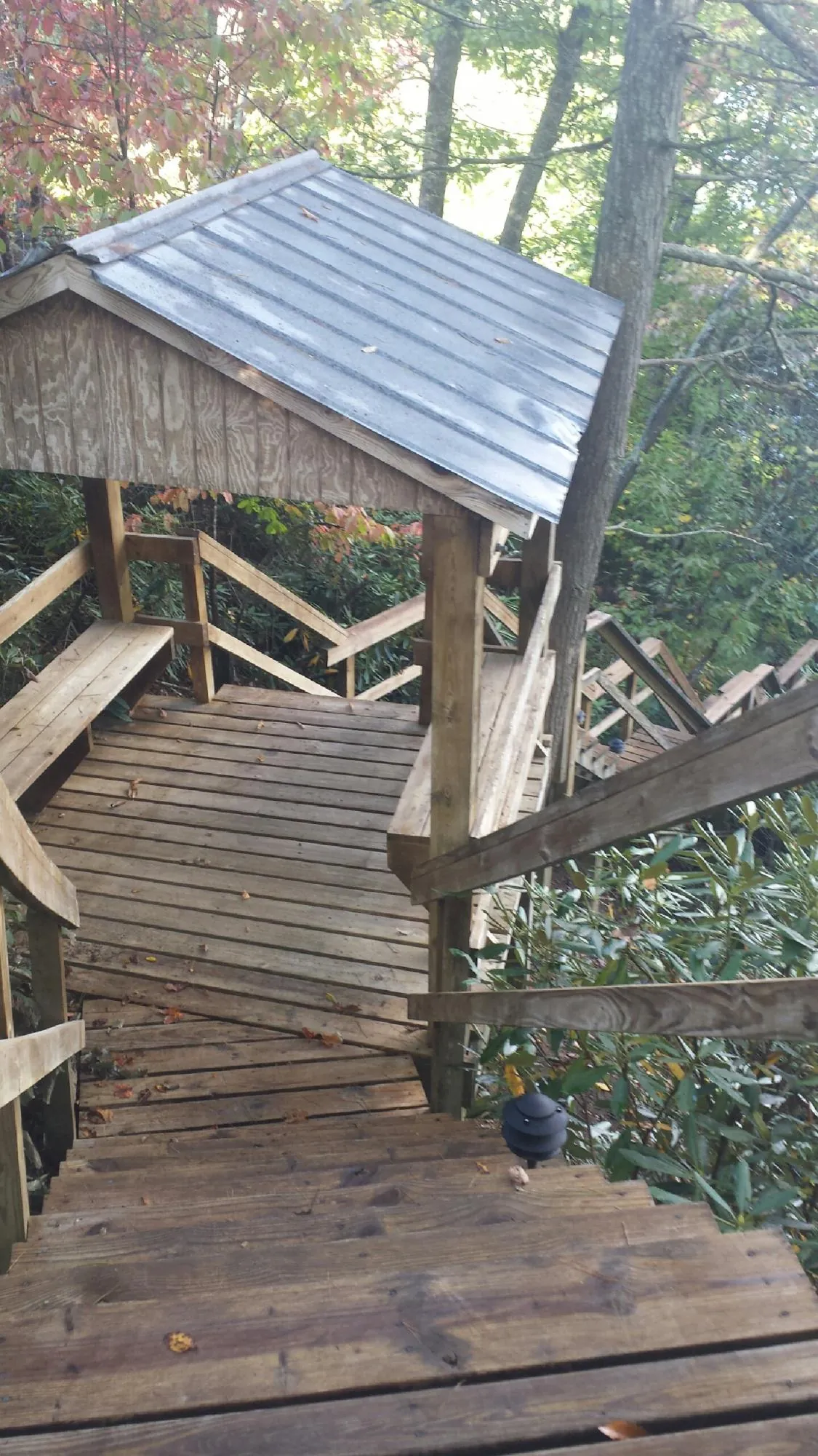Metal roofed shelter over wooden steps on a wooded walkway — Skylight Repair & Installation work by our crew in Frisco
